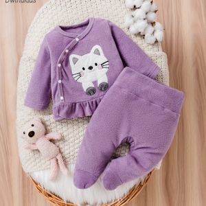 Herfst en Winter Jacquard Eenvoudige Schattige Meisjes Paarse Top met Kattenborduurpatroon en Ontwerp Bijpassende Kleur Broek Set 2st, voor Buiten, Perfect voor Buiten