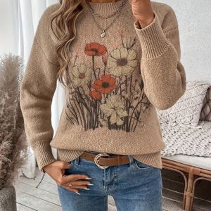 Plus Size - Dames Comfortabele Beige Kabel Trui met Levendige Bloemenprint - Casual Crew Neck, Lange Mouw Pullover voor Lente & Herfst, Perfect voor Casual Kleding, Comfortabele Trui