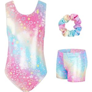 Meisjes 3-delige Gymnastiek Jumpsuit Set, Mouwloze Sterpatroon Polyester & Spandex, Ronde Hals, Skinny Fit, Stretchy Gebreide Stof, Regenboog Gradient, Outfit met Haarbanden, voor Buiten