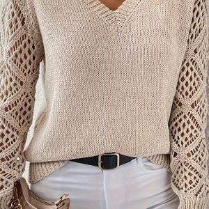 Trui met V-hals en uitsparingen, veelzijdige gebreide trui met lange mouwen in kleur voor lente en herfst, dameskleding