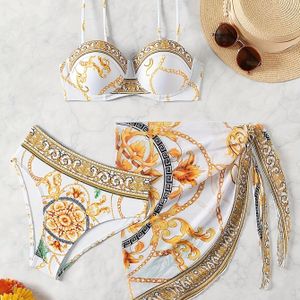 Zomer Strandvakantie Kettingprint Wrap Jurk Driedelige Bikini Badpak Set, Dames Badkleding & Kleding