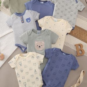 8-delige Set Jongens Cartoon Comfortabele Zachte Korte Mouw Zomer Bodysuits & Thuis- en Buitenkleding Sets, Perfect voor Buiten