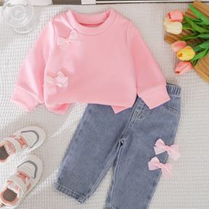 2-delige Meisjes Casual Dubbele Strik Decoratieve Sweatshirt + Blauwe Jeans Set, Lente/Herfst, Losse Pasvorm, Lange Mouw, Kleur, Stijl, Zonder Riem, voor Buiten, voor Tieners