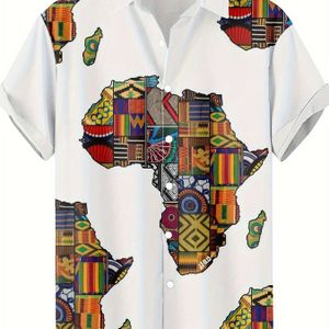 Herenshirt met Hawaiiaanse Korte Mouwen en Afrikaanse Kaartprint, Knopenkraag, Levendige Geometrische & Patronen, Lichtgewicht Zomertop voor Casual Kleding, Hawaiiaans Overhemd
