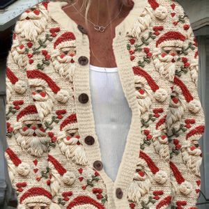 [2D Geprint Ontwerp - Niet Gestikt] Vintage Kersttrui voor Dames - & Rode Vakantie Vest met Knoopsluiting, Lange Mouw Winterjas voor Kerstfeesten, Kantoor