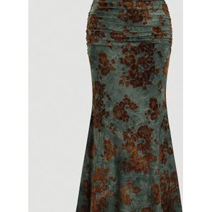 Elegante Dames Velvet Bloem Bodycon Lange Rok