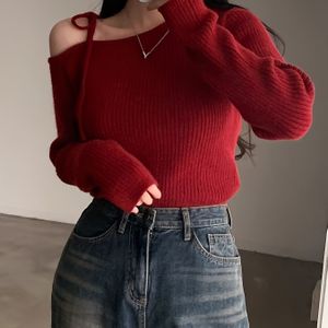 Sexy Retro Off-Shoulder Dames Trui - Slim Fit H-Silhouet Lange Mouw Top met Geplooide Zoom, Medium Stretch Kleur voor Lente/Herfst