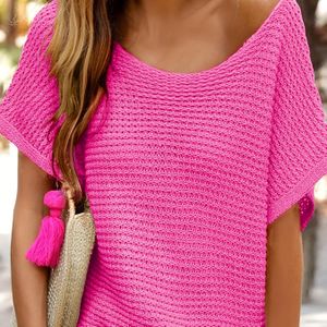 Women's Casual Knit Off-the-shoulder Pullover Sweater - Solid Yellow, Short Sleeve, Relaxed Fit For Spring/summer/fall, Casual Attire, Cute Sweater