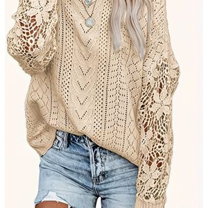 Elegante groene kanten afgezette lange mouw trui voor vrouwen - losse pasvorm, ronde hals, chique kabel- ontwerp, perfect voor lente/zomer/herfst, trui|Coral Top|Cufflink