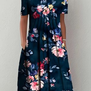 Plus Size Bloemenprint Zakken Jurk, Casual Korte Mouw Ronde Hals Jurk Voor Lente & Zomer, Vrouwen Plus Size Kleding