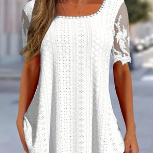 Women's Elegant Lace Sleeve Square Neck Blouse - Semi-sheer Stretchy Longline Top With Flared Hem, Machine Washable Spring/fall Casual To Dressy Shirt, Lace Blouse, Attire, Semitransparent Fabric