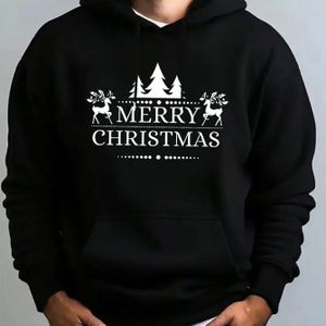 Heren Rode Kerst Hoodie - Lange Mouwen Trui met Witte Ren & Merry Christmas Print, Voorzakje, Wasmachinebestendige Wintertrui voor Feestjes, Casual en Buitenactiviteiten (Regular Fit)