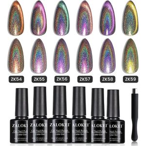 6 Kleuren Holografische Cat Eye Gel Nagellak Set, Regenboog Effect Inclusief Magnetische Stick, Langdurig Uitziend, Makkelijk Aan te Brengen, Soak-Off LED voor Thuis DIY Manicure