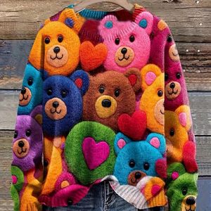 Vrouwen Casual 3D Geprinte Kleurrijke Teddybeer & Hartjes Design Lange Mouw Trui - Zachte Ronde Hals , Duurzaam