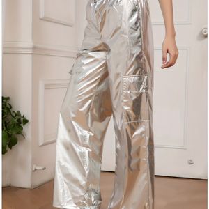 Dames Hoge Taille Wijde Pijpen met Reflecterende Oppervlakte - Elastische Enkel, Zakdetail, Hip-Hop Stijl, Perfect voor Casual of Weekend Draag, Dagelijkse Draag|Y2K Mode|Wijde Pijpen