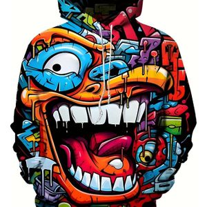 Plus Size Herenmode Hoodie, Lange Mouw Casual Sportieve Stijl Fancy Abstract Hiphop Gezicht Print Capuchon Sweatshirt