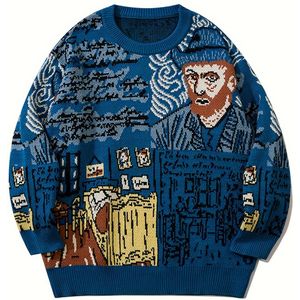 Mannen Portret Grafische Print Gebreide Pullover, Casual Lange Mouw Ronde Hals Trui Voor Herfst Winter