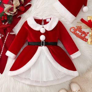 2 stuks Lange Mouwen Kant Kerstjurk met Santa Hoed Schattige Rode Feestoutfit voor Meisjes