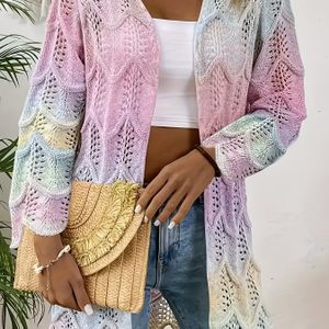 Plus Size, Dames Plus Size Elegante Oversized Cardigan - Ombre Blazer Jas met Kraag, Knusse Herfst/Winter Sweaterjas, Handwasbaar (Ombre Kleurovergang) voor & Semi-Formele Kleding