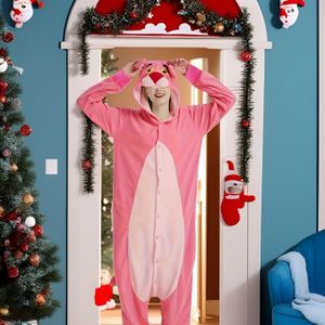 Feestelijke Roze Dierenprint Kerst & Halloween Onesie voor Volwassenen - Zachte Fleece Mouwen Pyjama Kostuum met Knopen Sluiting, Machinewasbare Winterfeest Outfit (Maten S-XXL)
