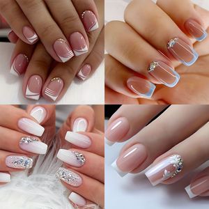 4 Sets van 96 stuks Middelgrote Vierkante Kunstnagels Roze en Witte Franse Stijl Nepnagels met Strass Herbruikbaar voor Vrouwen