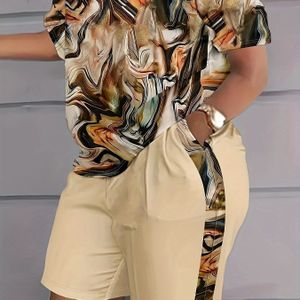 Tweedelige Outfit Set, Dames Print Korte Mouw T-shirt & Shorts Outfit 2-