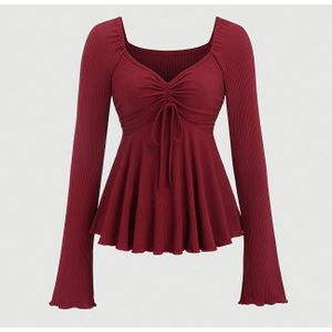 Rode V-hals T-shirt met en , met trekkoord op de schouder - Stijlvolle , lange mouw top voor lente en herfst, herfstmode T-shirt | Modieus top | Polyester stof