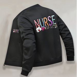 RN Verpleegkundige Print Lente/Herfst/Winter Casual Dames Rits Lange Mouwen Jas met Opstaande Kraag