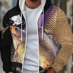 Heren Thermische Hoodie met Visprint - Lange Mouwen Winterwarme Jas voor Vissers & Uitstapjes, Duurzaam Buiten Casual Kleding
