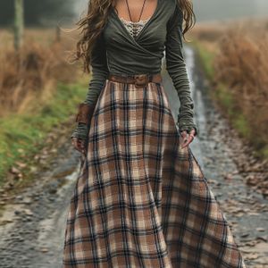 Vrouwen A-Lijn Lange Rok - Dubbelkleurig Geruit Design (/Beige), Machinewasbaar Niet-Rekstof voor Lente & Herfst, Veelzijdig Casual tot Semi-Formeel , Schattige Roks, Vloeiende Stoffen Jurken