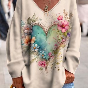 Plus Size - Dames Plus Size Bohemian V-Hals Lange Mouw T-Shirt - Bloemenhart Print in Pastelkleuren, Zacht Rekbaar Materiaal, Relaxed Fit Casual Elegante Top voor Alle Seizoenen