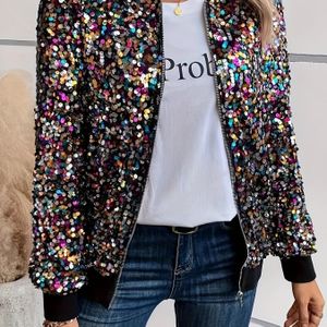 Casual Dames Bomberjack met Pailletten - Lange Mouwen, Ritssluiting, Polyester, Niet-Rekbare Stof voor Lente/Herfst