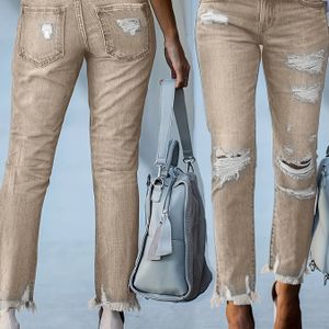 25AW Dames Elastische Retro Veelzijdige Casual Mode Elegante Middelhoge Taille Zakken Duurzaam Multifunctioneel Slim Fit Verkleurde Gradiënt Gescheurde Franje Cropped Denim Jeans Style