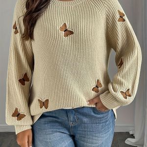 Plus Size - Plus Size - Plus Size Dames Trui - Knusse Pullover met Lange Mouwen en Vlinderpatroon, Zachte Stretchstof, Casual Top met Ronde Hals voor Lente/Herfst, Casual Trui
