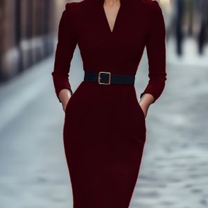 Vrouwen Elegante Dieprode V-hals Jurk - Formele & Alledaagse Lange Mouw, Wasmachinebestendige Kantoorfeest Outfit voor Herfst/Winter, Verfijnde Damesmode, Gladde Stof