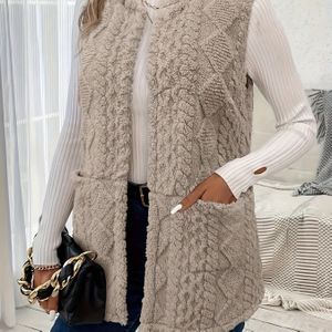 Getextureerde open front teddy vest jas, elegante mouwloze warme gilet jas voor winter en herfst, dameskleding.