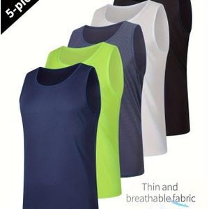 5- heren tanktop in kleur, sneldrogend ademend mouwloos shirt met ronde hals, herenkleding voor zomersport