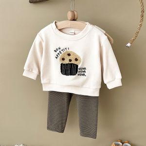 2 Stuks/set Baby Meisje Meisje Kleding Handdoek Borduurwerk Outdoor Casual Los Langarm Sweater + Broek (Zonder Schoenen, Hoeden, Bril En Andere Accessoires), Voor Buiten