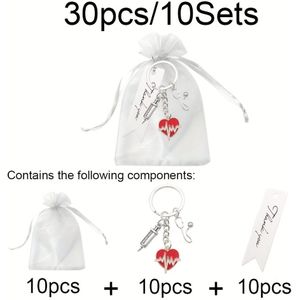 30 Stuks Wit Gaas Zak Syringe Hart Stethoscope Sleutelhanger Set Sleutelring Set 10 Stuks Sleutelhanger 10 Stuks Gaas Zak 10 Stuks Wit Kaart
