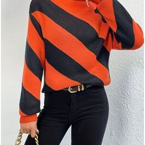 Casual Dames Trui met Hoge Kraag - Zwart & Oranje Contrasterende Strepen, Drop Shoulder Lange Mouwen, Regular Fit met Zijsplit voor Herfst Winter