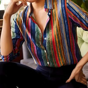 Plus Size Vrouwen Overhemd met Gestreepte Knoopsluiting Vintage Lange Mouwen Overhemd Vrouwenkleding