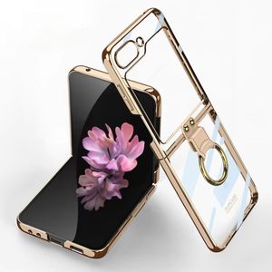 TEMU Transparante gegalvaniseerde telefoonhoes met een ringhouder voor Samsung Galaxy Z Flip 6, 5, Flip6, Flip5 en 5G, ontworpen om schokbestendig te zijn.