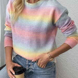 Elegante regenboog gestreepte trui met ronde hals voor dames - Zacht pullover met geribbelde manchetten, lichtgewicht en stijlvol voor lente/herfst, perfect voor casual of chic outfits, trui jurk