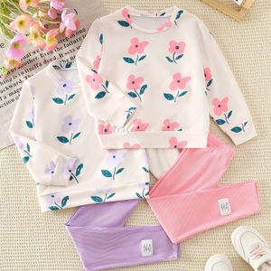 Meisjes Vierdelige Set: Modieuze Ronde Hals Willekeurige Bloemenprint Rechte Pijp Lange Mouwen Top + Strakke Enkellange Broek Herfst Casual Broekenset, Perfect voor Buiten