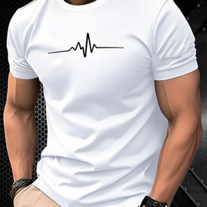 Herren 3D-Gedrukte Korte Mouw T-Shirt – Hartslag Grafische Print, Ronde Hals, Lichtgewicht Polyester, Wasmachinebestendig, Alledaags Passende Pasvorm voor Volwassenen