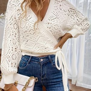 Elegante witte vest voor dames - Chic V-hals met strik-voorkant, lange mouwen en strik-waist, perfect voor lente/zomer, lichtgewicht en stijlvol, lichtgewicht vest