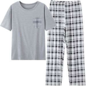 2- Heren Set met Korte Mouwen en Lange Broek 2- Heren Thuispak Set Grijs en Wit Geruit