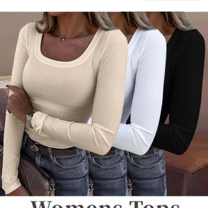 Three-Delige Dames Basic Lange Mouw Geribde Slim-Fit Multifunctionele Top in Kleur met Lichtbeige Basislaag