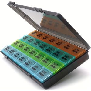 28-Vaks Capaciteit Maandelijkse Pillendoos met 4 Verwijderbare 7-Dagen Verdelers, Draagbare Reis Medicijn Opbergdoos - Vochtbestendig Gelaagd Ontwerp voor Werk of Uitjes