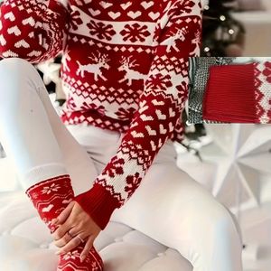 Dames Rood & Wit Nordic Winter Trui met Sneeuwvlokken en Hertenpatroon - Knusse Ronde Hals Kersttrui voor , Wasmachinebestendige Warme Pullover, Feestelijke Tr, Lelijke Kersttrui voor Vrouwen